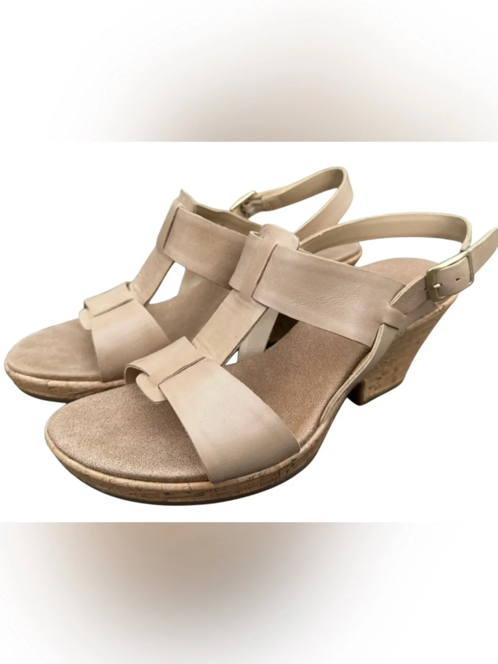 Clarks Leather Wedge Sandals Beige Taupe Cork Heel Slingback Size 9M